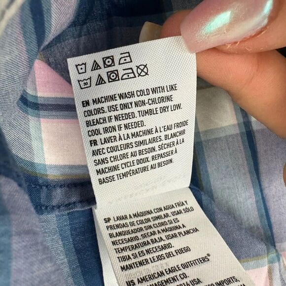 American Eagle Multicolor Plaid Button Up Shirt Short Sleeve Size M 100% Cotton - Picture 5 of 6